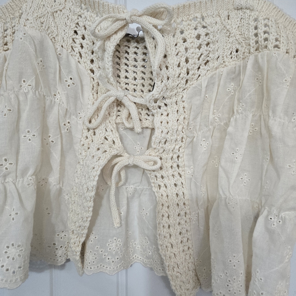 Zara Mixed Knit Top With Ties Sz M NWOT - Picture 6 of 10